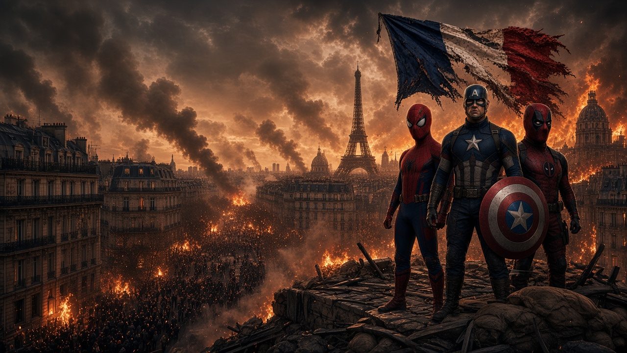 Captain America, Deadpool and Spider-Man in front of burning Paris