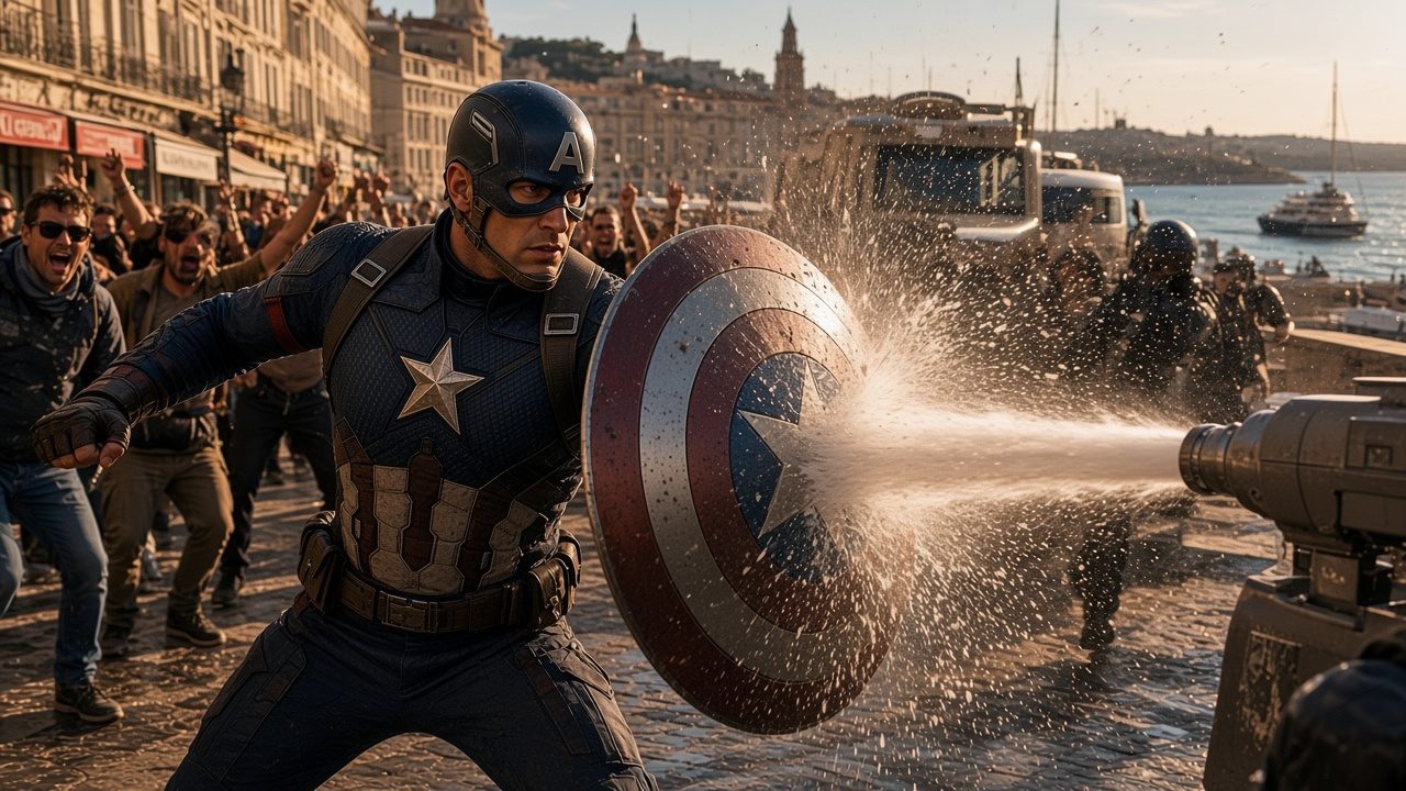 Captain America blocks a water cannon with his shield in Marseille