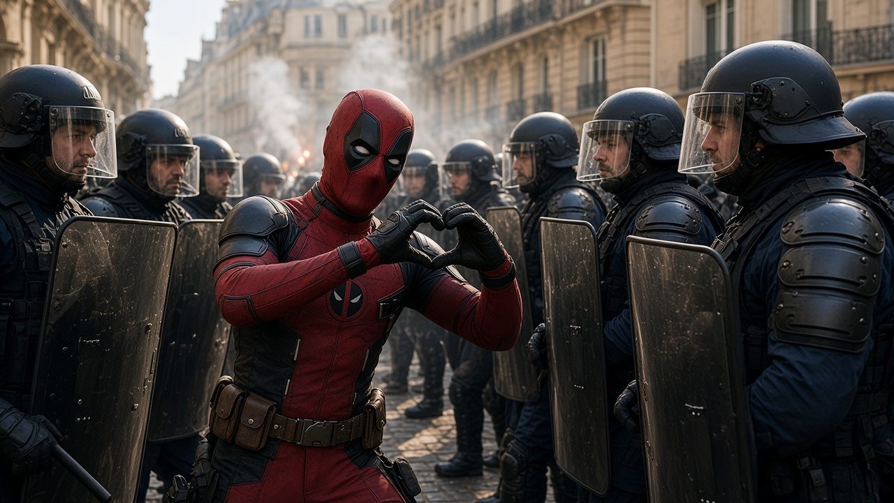 Deadpool making a heart gesture at riot police
